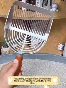 Lovinland Cat Litter Scoop Premium Stainless Steel Triple Guard Walls Non-Stick Design Silver Flat Shovel Head Design Solid Deep Edge Wood Handle Thicker Side Edges Metal Cat Litter Scoop