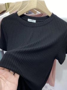 Black Thin Ice Silk Short Sleeve T-shirt Womens Summer Plus Size All-Matching Youthful-Looking Slim Looking Undershirt Womens Tops