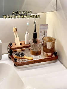 ชั้นวางของในห้องน้ำแบบติดโต๊ะ ชั้นวางของสำหรับแปรงสีฟัน แก้วใส่น้ำยาฟอกฟัน ชั้นวางของสำหรับเครื่องมือดูแลสุขอนามัยส่วนบุคคล