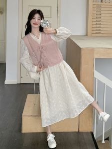 Milk White Knitted Dress And Vest Set Womens Casual Sweet Cute Spring New Style Two-Piece Suit High Waist A-Line Long Skirt