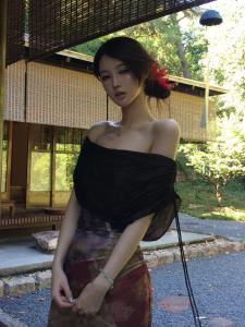 French Style One Shoulder Printed Mesh Dress Womens Summer Beach Vacation Beautiful Waist Cinched Long Skirt Elegant