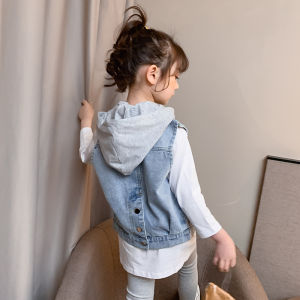 Girls Casual Cotton Denim Vest Spring Autumn Fashionable Soft Denim Versatile Top Childrens Wear Single Button Closure Solid Color