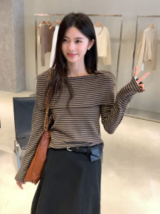 CHOEFULYN | Chic Brown Stripe Off-Shoulder T-Shirt Autumn Slim Fit