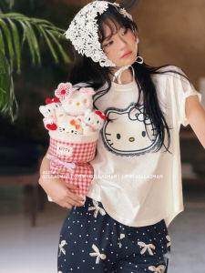 Gill Aimar Spring Summer Womens Sleepwear Set Short Sleeve Long Pants Ruffle Home Clothes Cat Cartoon Print Sweet Style