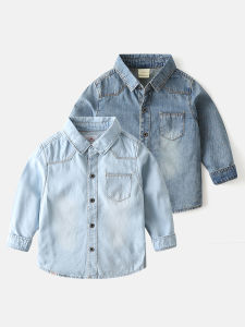 Pure Cotton Denim Boys Jeans Shirt Long Sleeves Spring Autumn K-style Lapel Point Collar for 4-14 Years Old