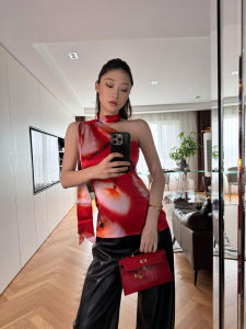 YOZO STUDIO Spring Autumn Womens Side Collar Dyed Print Vest Trendy Ins Style Neck Hanging Strap Top Pure Color Sleeveless