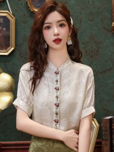New Chinese Silk Shirt Womens Stand Collar Short Sleeve Shirt Summer New Arrival Chinese Style Embroidery Tops Mulberry Silk Shirt