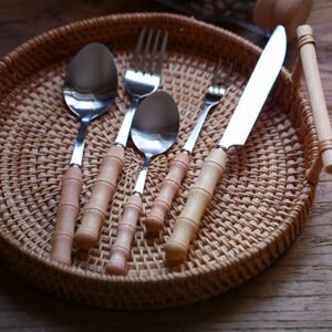 Stainless Steel Wooden Handle Cutlery Utensil Spoon Knife Fruit Fork Teaspoon Serving Dish