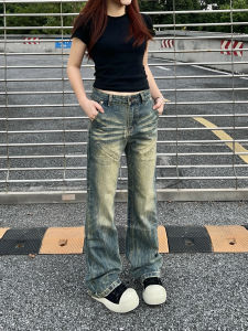 American Washed Vintage Straight Leg Jeans Loose Casual Pants Bell Bottoms Splicing Denim Casual Wear for Young Women