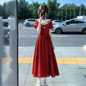 XUECAIQI | Vintage Polka Dot Doll Collar Red Dress