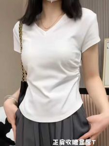 Không Đều Cổ Chữ V Áo Thun Nữ Tay Ngắn Nữ Mùa Hè Kích Thước Lớn Plus Kích Thước Mỏng Phù Hợp Với Eo Ẩn Bụng Giảm Béo Nguyên Chất Desire Ngắn hàng Đầu