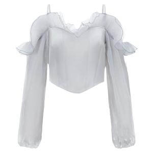 TAMMY TANGS | เสื้อเชิ้ตไหล่เดียวแขนยาวผ้าซาตินสั้นสไตล์หวาน ทรงเข้ารูป ซิปรูด ผ้าโพลีเอสเตอร์ 100% ฤดูใบไม้ร่วง 2024