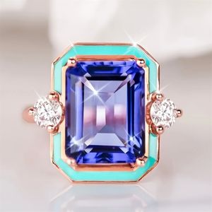 Huitan Rose Gold Color Blue Enamel Ring with Cubic Zirconia for Women Statement Jewelry for Engagement Ceremony Party