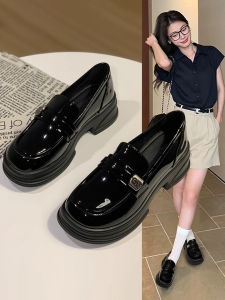 Hong Kong Genuine Leather Thick Heel Loafers Womens Spring Autumn Black Slip-On Miniature Leather Shoes Chunky Heel Elegance Single Shoes