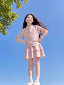 LIREGONGZHU | Summer School Style Girls Polo Short Sleeve Pleated Skirt Set
