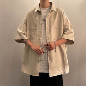 Retro Hong Kong Style Mens Loose Fit Short Sleeve Shirt Trendy Versatile Summer Workwear Jacket Youth Pop Culture Outerwear