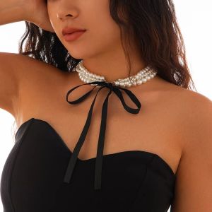 Elegant Multilayer Imitation Pearl Chain Necklace Women Long Black Velvet Ribbon Bow Choker Wed Bridal Banquet Jewelry