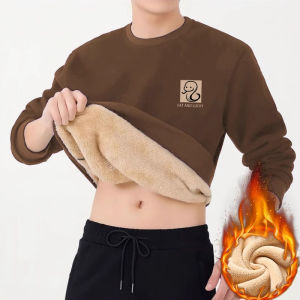 Lamb Velvet Hoodie Mens Oversize Warm Outerwear Winter Fashion Casual Loose Fit Long Sleeve round Neck Print T-Shirt