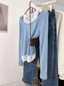 เสื้อยืดแขนยาวเปิดไหล่สีฟ้าสำหรับผู้หญิงในฤดูใบไม้ร่วง ทรงเข้ารูป ชั้นใน คอกลม เสื้อตัวบน แฟชั่น คอวี เสื้อตัวนอก