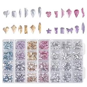 12Grids 3D Champagne Gold Nail Art Rhinestones Multi-Shapes Flatback Crystal Diamond Nail Charms with 1Pen&Tweezers Nails Jewels