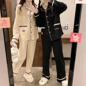 Couple Pajamas Womens Spring and Autumn Cartoon Sweet Suit Long Sleeves Cardigan Pure Color Casual Suitable for Daily Wear Pure Cotton Homewear