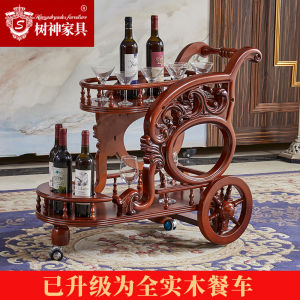 European Style Carved Oak Wood Double Layer Mobile Bar Cart with Storage Rack for Restaurant And Home Luxury Quality Furniture