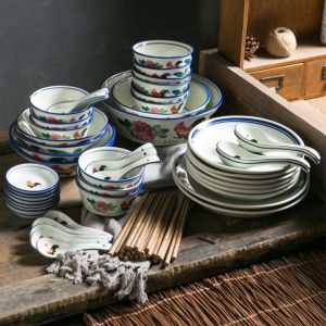 Retro Chinese Style Ceramic Chicken Bowl Set Vintage Porcelain Dinnerware Set Large Size over 8 Inches for Home Use
