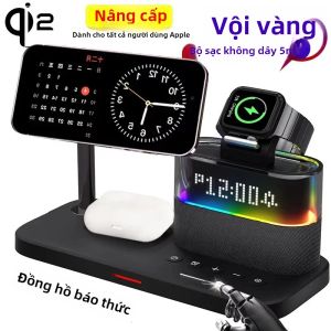 Đế Sạc Không Dây Từ Tính Qi2 5 Trong 1 Có Đèn Ngủ LED Đồng Hồ Báo Thức Đế Sạc Nhanh Cho Samsung iPhone IWatch Airpod