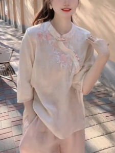 Shalldoer | Chic Chinese Style Button Up Shirt Womens Single Wear New Design Summer Unique Beautiful High Waist Casual Fashion Round Neck Short Sleeve