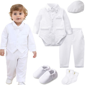 A&J DESIGN Christening Outfit Baby Boy Infant Baptism Outfit Newborn Birthday party Clothes White Tuxedo Gentleman Formal Ring Bearer Dress Photography Suits