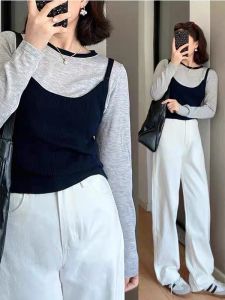 Shoulder Color Contrast Long Sleeve T-shirt Womens Autumn New Arrival Plus Size Chubby Girl Silm Knitting Camisole Bandage Dress Two-piece Set