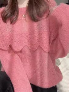 WANGGONGZHU | French Lace Trim Soft Knitted Base Shirt Women Autumn Winter New Fashion Elegant Hollow Design Sweater Princess Style Commute Wind