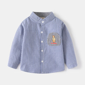 Striped Long Sleeve Shirt For Spring Autumn Stand Collar Bear Pattern Korean Style