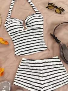 Bộ Đồ Nữ 2 Mảnh Kẻ Sọc Áo Không Tay Xếp Ly Và Quần Short Kiểu Dáng Ôm Sát Chất Liệu Polyester Trang Phục Mùa Hè