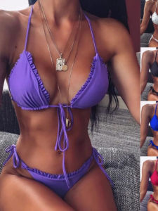 Bikini Ôm Vừa Vặn in Viền Xếp Ly Lưng Hở Mùa Hè 2022 Quần Short Không Tay Cổ Chữ V Polyester