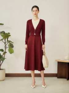 Elegant Autumn Australian Merino Wool Color-block Pseudo-two-piece Dress