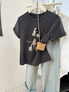 Áo Thun Tay Ngắn Màu Xám in Hình Mèo Cổ Điển Phong Cách Mỹ Dành Cho Nữ Mùa Hè Thiết Kế Vai Áo Ngắn in Hình Mèo