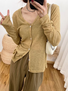 เสื้อคาร์ดิแกนคอวีแขนยาวบางป้องกันแสงแดดสำหรับผู้หญิงในช่วงฤดูร้อน เสื้อคลุมเปิดด้านนอกแบบบาง เส้นใยลินิน แขนยาว คอวี ทรงหลวม