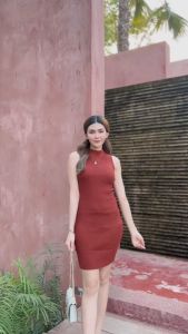 🌈 SpinnyHouse 🌈 เดรสไหมพรม เดรสแขนกุด 🧡 มินิเดรส เดรสเกาหลี เดรสทรงรัดรูป 💥 ช่วงคอปีน, ชุดทางการ รุ่น ดินแดง