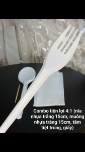COMBO 4 trong 1 HUNUFA: đũa tách muỗng nhựa trắng tăm khăn giấy đóng OPP màng trong