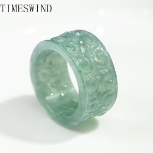 TIMESWIND Natural A-type Jade Original Light Green Auspicious Cloud Carved Hollow Wide Ring for Men Fashion Jewelry with Certificate