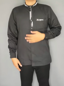 Baju Koko Dewasa Kemko Pria Lengan Panjang Bordir Simpel Kekinian Toyobo Fodu Bahan Adem Hitam