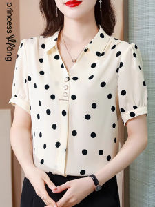 WANGGONGZHU | เสื้อเชิ้ตผู้หญิงคอวีลายจุดผ้าชีฟองแขนสั้นฤดูร้อน 2025 สไตล์ใหม่ เสื้อเชิ้ตผ้าชีฟองคอวีแขนสั้นสไตล์ย้อนยุคหรูหรา