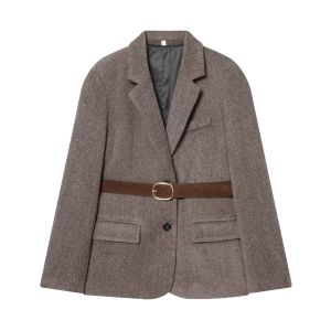 2026 Womans Brown Streetwear Blazer Fashion With Belt Pocket Fit Coat Women Commuting Thicken Herringbone Texture Suit Tops