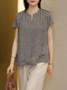 UYFY | Plaid Round Neck Short Sleeve Casual Versatile Shirt Loose Skinny Office Style