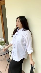 MELARGE Olivia Kemeja Basic Polos Wanita Jumbo LD 120 LD 130 Baju Kerja Kantor Katun