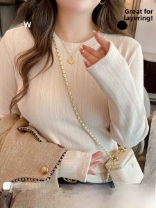 MiiOW | Womens Retro Shoulder Ribbed T-shirt Autumn Winter Versatile Outfit Slimming Knit Top