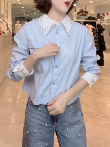 QINGNAER | Stripe Lace Long Sleeve Shirt