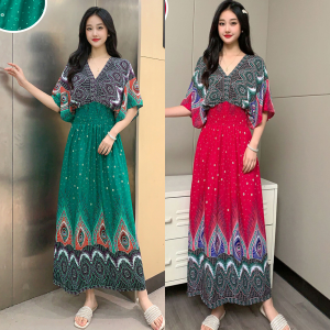 Váy Dài Cổ Chữ V Tay Ngắn in Hoa Lụa Cotton Mùa Hè Váy Dài Không Tay Eo Thun Phong Cách Đường Phố Váy Nữ