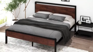【Kaki.SG】Walnut Metal Bed Frame Single/Super Single/Queen Size Storage Heavy Duty Bed Frame /Embedded Mattress Design